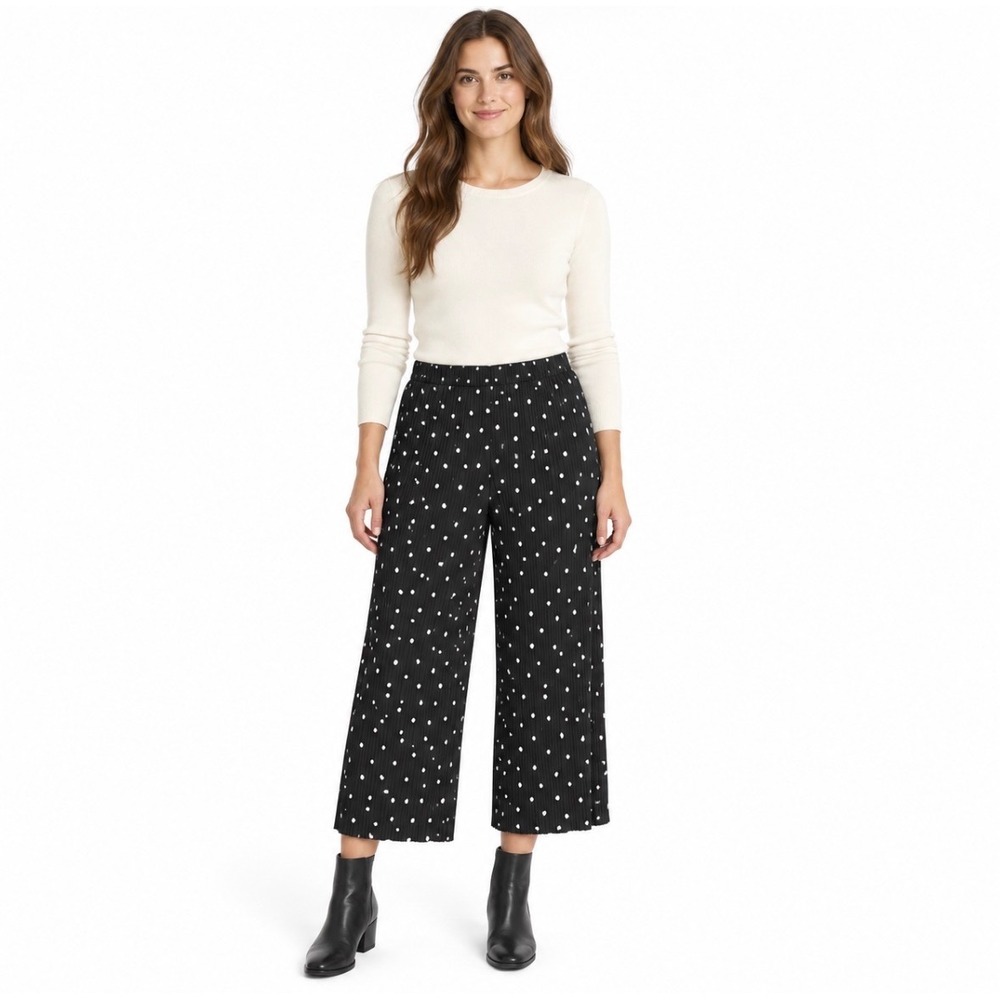 J.Jill Wearever Collection Polka Dot Pleated Wide Leg Pants Black Small